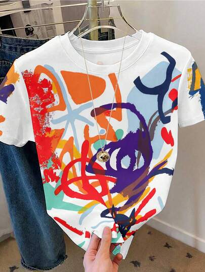 Resyla Plus Size Women's Round Neck T-Shirt, Summer Casual Outdoor Top, Graffiti Print Design, Elegant, Versatile, Daily Wear, Outdoor, Shopping, Travel