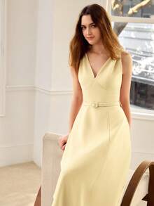 MOTF PREMIUM VESTIDO MIDI SIN MANGAS CON CUELLO EN V PARA MUJER, LIGERO PARA CEREMONIAS Y CITAS, PRIMAVERA/VERANO - Amarillo - Ver 7