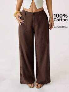 SHEIN PETITE 100% 水洗棉低腰直筒裤 - 咖啡棕 - 查看 4
