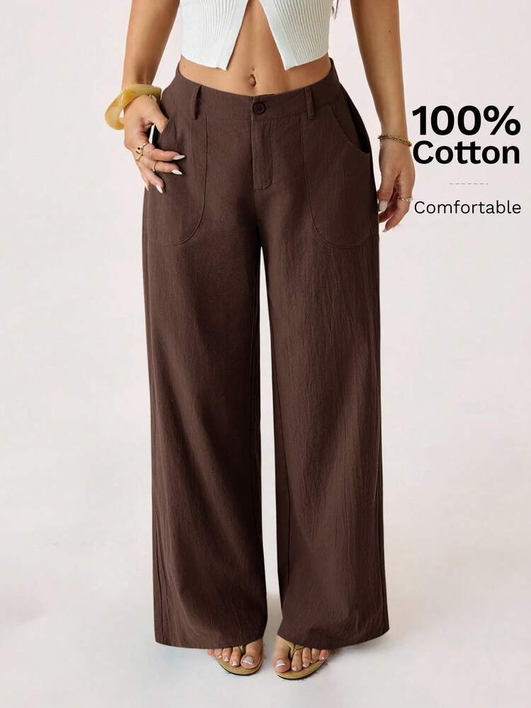 SHEIN PETITE Pantalones rectos de cintura baja de 100% algodón lavado - Café integral - Ver 4