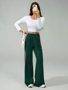 SHEIN Tall 女士弹力腰侧条纹阔腿宽松休闲运动裤，返校季 - 綠色 - 查看 7