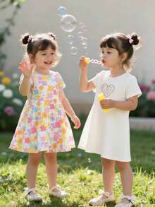 SHEIN Elladie kids 2件套女童休闲彩色碎花短袖连衣裙，夏季 - 彩色 - 查看 3