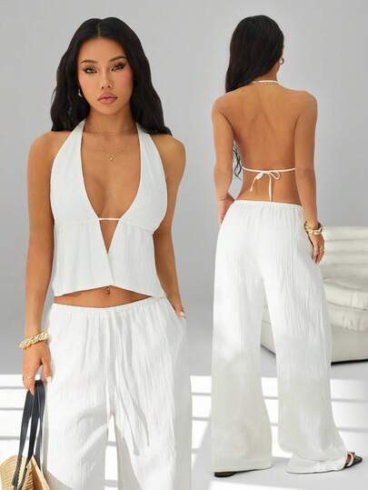 SHEIN PETITE 2 Pieces Outfits Tie Up Halter Neck Backless Tank Top And Wide Leg Drawstring Pants Set Clubwear, Vacation Outfits Women, Beach Outfits For Woman, Rave Outfits, Hawaii Outfits Women Island Vacation Outfits Linen Two Piece Set White Two Piece Set Outfit