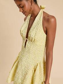 Travachic Jacquard Backless Halter Romantic Vacation Dress - Yellow - View 6