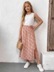 SHEIN Tween Girl Ditsy Floral Elastic Waist Casual Skirt Long Spring Summer Skirts Modest Skirt - Pink - View 3