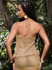 Hauture 度假休闲流苏下摆露背吊带针织上衣 - 金色 - 查看 5