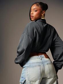 Denimoi Super Cropped Collared Button Front Striped Collared Top Fashionable Sexy Tops - Dark Grey - View 2