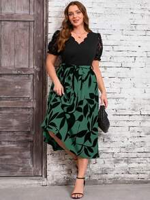 Reflora Plus Size Women's Fashion Color Block Printed V-Neck Dress - Army Green - View 5