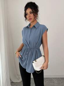 Elenzga 女士休闲度假通勤衬衫领纽扣抽绳腰A字落肩上衣 - 霧霾藍 - 查看 4