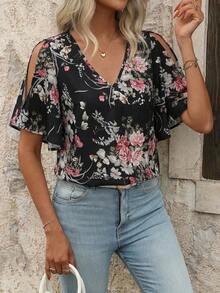 SHEIN Clasi بلوزة نسائية بياقة على شكل حرف V وأكمام مكسرة مزخرفة بطبعات زهرية وذيل مشقوق - الأسود - مشاهدة 6
