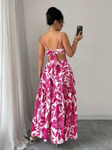 Elenzga Women's Floral Printed Waist-Cinched Maxi Dress,Red And White Summer Beach Vacation Holiday Outfits,Daily Wear Commuting Midi Dress Vacay Outfit - Hot Pink - View 2
