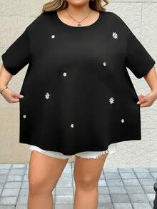 SHEIN CURVE+ 大码雏菊刺绣短袖T恤，休闲沙滩度假装 - 黑色 - 查看 4