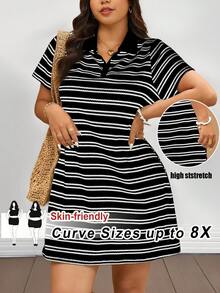 SHEIN CURVE+ 大码女式夏季条纹Polo领短袖休闲连衣裙 - 黑與白 - 查看 6