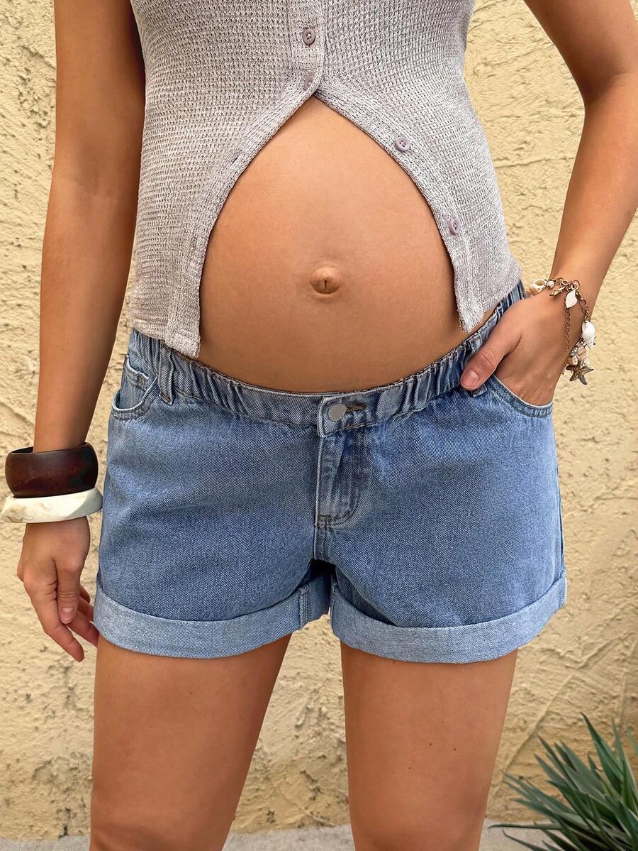 SHEIN 孕妇款带口袋卷边休闲百搭牛仔短裤 - 藍色 - 查看 1