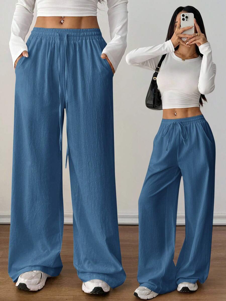 SHEIN PETITE 女士夏季乡村音乐会外出波西米亚海滩度假装扮基本款简约水洗100%纯棉白色弧形裤脚长裤，秋季女装