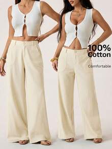 SHEIN PETITE 100% 水洗棉低腰直筒裤 - 杏色 - 查看 6