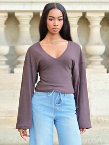 Mima John 女士V领喇叭袖针织毛衣 - 棕色 - 查看 5