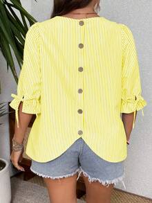 EMERY ROSE Striped Round Neck Cuff Tie Back Decorative Button Plus Size Women Shirt - Light Yellow - View 4