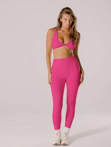 Aralina Quần legging nữ cạp cao, màu trơn, kiểu dáng thể thao thường ngày. - Hồng nhiệt đới - Xem 10