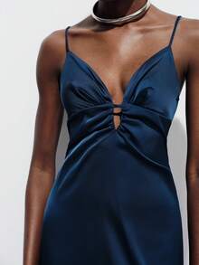 Aveloria Modichic Elegant French Style Luxury Satin Slip Dress With Deep V-Neck And Open Back, A-Line Silhouette - Navy Blue - View 2