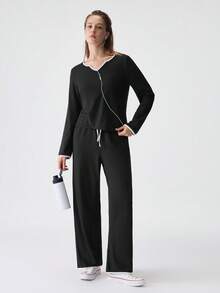 SHEIN Contrast Binding Notched Neckline Knot Front Lounge Set, Fall Winter Clothes, Cozy Outfit - Black - View 10