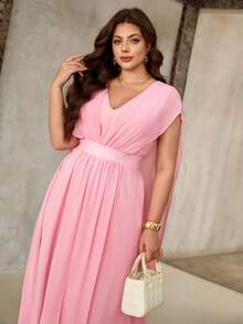 Roveilla Plus Size Women's Blush Pink Summer Elegant Formal Wedding Ninang Maxi Dress,Chiffon Shirred Waist Drop Shoulder French Boho Wrap Dresses - Pink - View 3