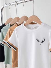 SHEIN 4件套男童休闲简约圆领短袖T恤，卡其绿、黑、白组合，夏季日常百搭 - 彩色 - 查看 5