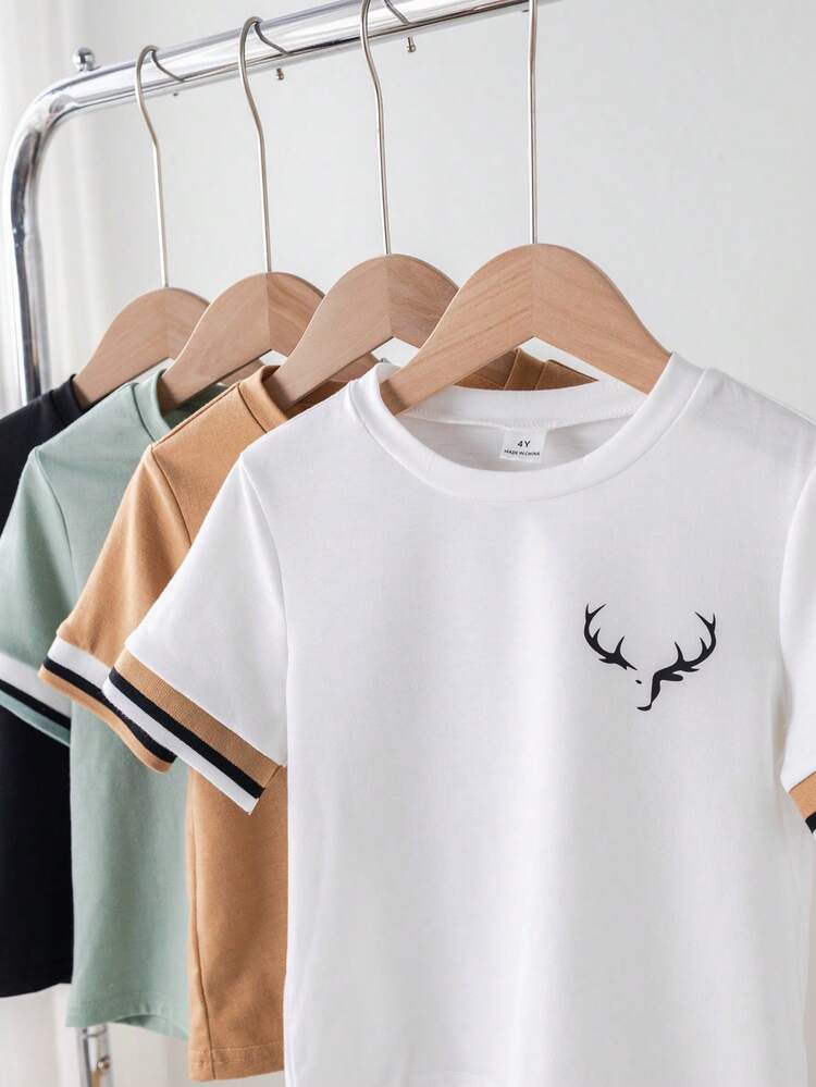 SHEIN 4件套男童休闲简约圆领短袖T恤，卡其绿、黑、白组合，夏季日常百搭 - 彩色 - 查看 5