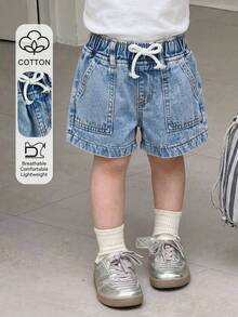 Girls' Casual Denim Shorts, Light Blue Elastic Waistband Jeans For Young Girls, Summer Versatile Cute Little Jean Shorts For Comfort - Light Wash - View 7