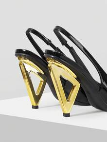 Mnmlis Zapatos de mujer con tacón alto grueso, forma especial del tacón, correa trasera, punta cerrada y punta puntiaguda con efecto espejo, versátiles y adecuados para uso al aire libre y para ir al trabajo - Negro - Ver 4
