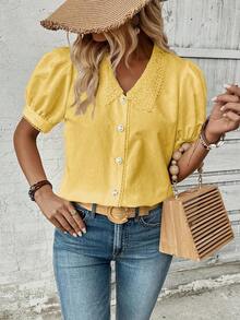 Breezaya Summer Casual Solid Color Lace Collar Puff Sleeve Blouse - Light Yellow - View 5