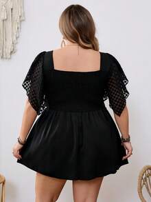 SHEIN CURVE+ 大码女式荷叶边花瓣袖罩衫 - 黑色 - 查看 2
