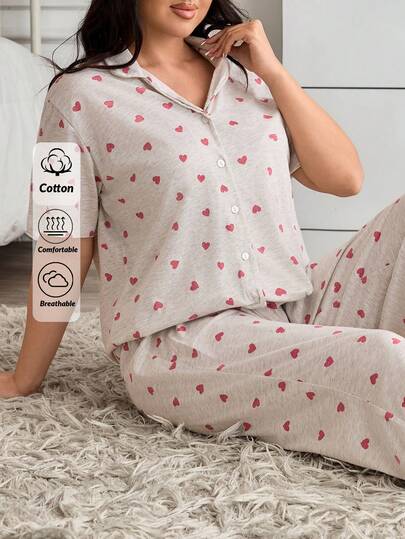EURMUSE Cotton PLUS SIZE Women 2 Pcs Heart Pattern With Button Front Short Sleeved &Pants Homewear Comfort Pajama Set For Ladies