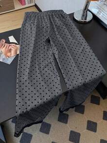 GlowEve 女士时尚休闲波点印花蕾丝拼接松紧腰宽松直筒裤，适合日常穿着 - 灰色 - 查看 2