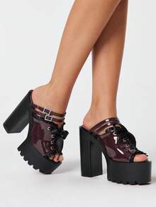 ROMWE Giày sandal cao gót hở mũi gợi cảm viền ren dành cho nữ, phong cách punk gothic thanh lịch, khóa pha lê lấp lánh, quai đôi, kiểu xỏ chân, đế dày chống thấm nước, gót chunky, giày nữ mùa xuân/hè thích hợp cho các bữa tiệc hộp đêm/lễ hội. - Màu Đỏ Sâu - Xem 3