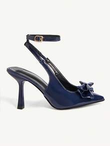 CUCCOO CHICEST Women's Pointed Toe High Heel Shoes With Double Bow Ankle Wrap, Elegant Romantic Sweet Style, Deep Blue Color, Suitable For Dates, Afternoon Tea, Commuting - dark blue - View 3