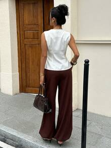 Siren Gaze 女士纯色单排扣马甲和裤子休闲套装 - 棕色 - 查看 2