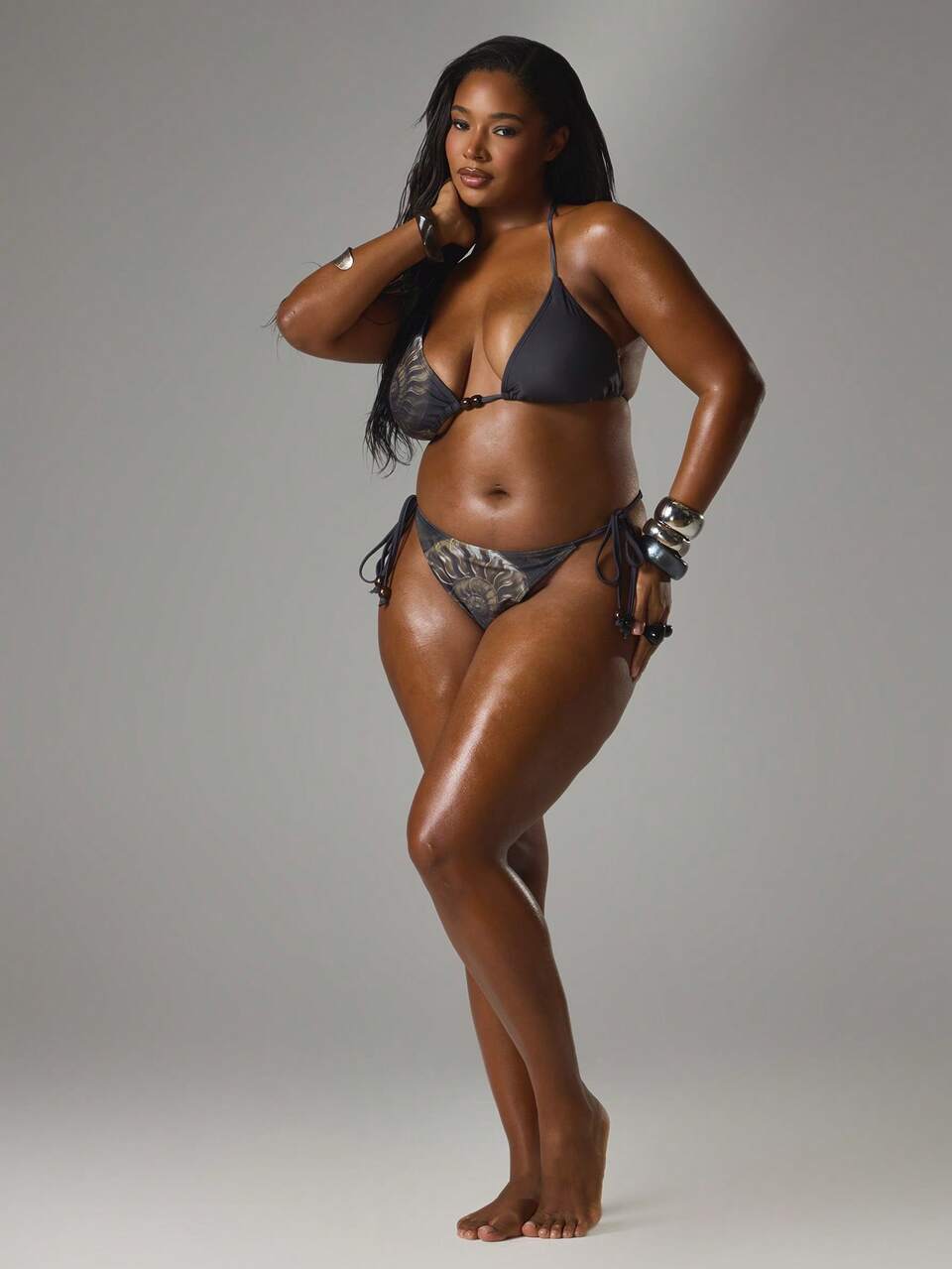 Curve Beaded Printed Bikini Bottoms Only Spring Summer Vacation Holiday Beach Ibiza Festival Swim Sexy Elegant Blackwater