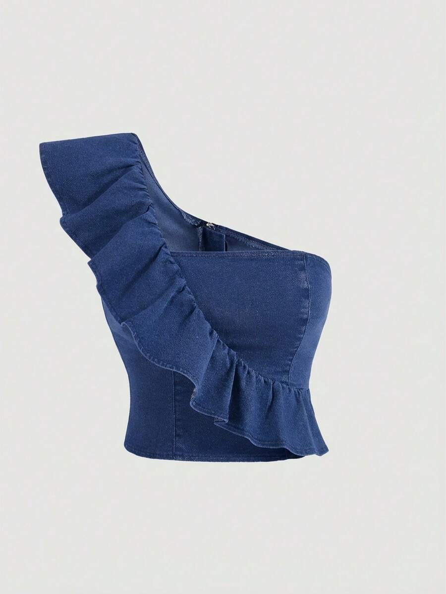 SHEIN MOD 女士牛仔荷叶边露肩衬衫 - 深色水洗藍 - 查看 1