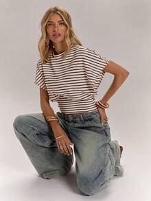SHEIN BAE Áo thun nữ cổ tròn kẻ sọc, kiểu dáng thường ngày, đa năng. - màu nâu - Xem 7