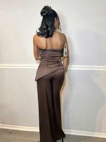 Natali Santanap 1 Set Solid Color Asymmetric Hem Sleeveless Crop Top And Wide Leg Pants - Coffee Brown - View 2