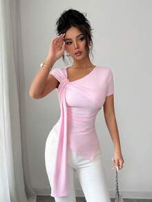 SHEIN Elenzya 女士不规则不对称荷叶边袖粉色短袖T恤，修身显瘦，优雅上衣 - 粉色 - 查看 8