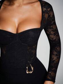 Radiana Sexy Elegant Unique Black Square Neck Lace Bodysuit Top, Sheer Lace Blouse, Long Sleeve Shirt, Black Tight Bustier, Suitable For Valentine's Day Date, Night Out, Party, Birthday, Club, Daily Wear, Cocktail, Concert, Festival, Stretchy Lace Fabric Hugs Curves - Black - View 1