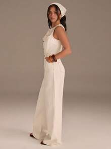 Athîral Mono vaquero de verano casual para mujer con botones y media cartera en unicolor - Blanco - Ver 6