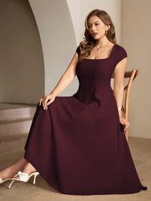 Roveilla Plus Size Women's Square Neck Short Sleeve Maxi Dress, Formal Elegant 1950s Vintage Burgundy Summer French Style Pleated Hem Party Evening Wedding - Maroon - View 7