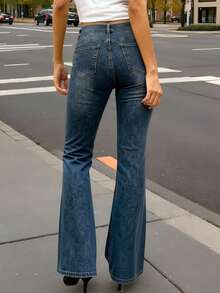 DAZY Distressed Wash Slim Flare Jeans With Pockets For Women - Light Wash - View 4
