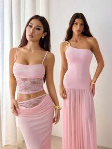 SHEIN PETITE 女士夏季蕾丝拼接透视两件套露背上衣+长裙性感优雅节日装扮情人节约会装扮音乐节宴会轻薄连衣裙适合秋冬季内衣穿着 - 淺粉色 - 查看 7