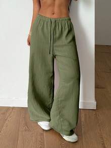 SHEIN PETITE Women's Summer Textured Straight Leg Pants - Mint Green - View 4