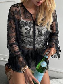 FRIFUL Women's Round Neck Cardigan With Ruffled Hem Contrast Lace Blouse - Black - View 8