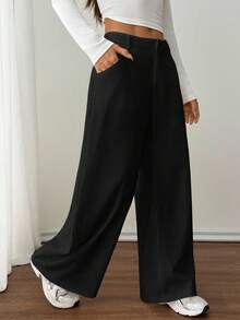 SHEIN PETITE Women's Casual Wide Leg Flare Pants - Black - View 5